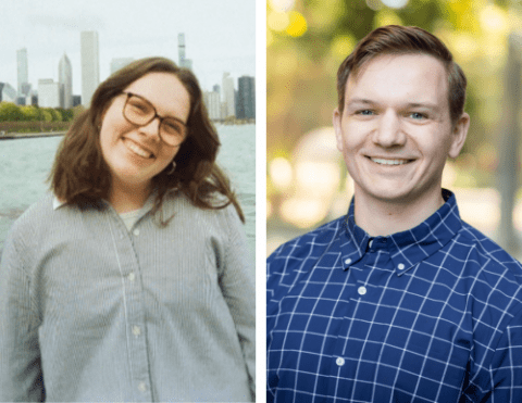 A two-photo collage featuring a woman on the left and a man on the right. In the first image, a woman with glasses and shoulder-length brown hair smiles while tilting her head, posed against a city skyline and waterfront. In the second, a man with short brown hair and a friendly expression wears a blue checkered shirt, set against a softly blurred, sunlit outdoor background.
