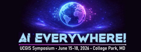 An image banner for the UCGIS Symposium featuring a digital, glowing purple and blue globe centered against a cosmic background of stars and light trails. Large, futuristic text reads "Ai EVERYWHERE!" in a light blue font with circuit-like details. Below this, a white banner line contains the text "UCGIS Symposium · June 15–18, 2026 · College Park, MD".