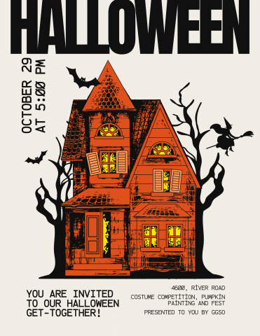 A Halloween party invitation flyer set against a cream background with the word "HALLOWEEN" printed in large, bold black letters at the top and "OCTOBER 29 AT 5:00 PM" displayed vertically along the left side. The center features a detailed orange and black illustration of a multi-story Victorian-style haunted house with yellow glowing windows and shutters, surrounded by silhouettes of bare gnarled trees, bats, and a witch riding a broomstick. The bottom left includes the text "YOU ARE INVITED TO OUR HALLOW