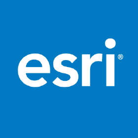 Esri logo consisting of word Esri against a blue background.