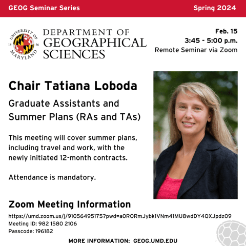 Poster for GEOG Seminar with Tatiana Loboda headshot