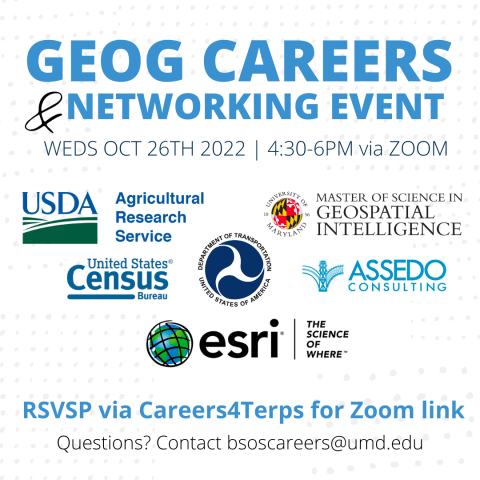 Career fair flyer with large blue text reading 'GEOG Careers and Networking Event' and various employer logos