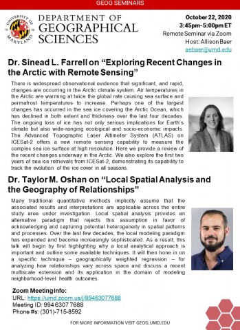 flyer for GEOG Webinar: Dr. Sinead Farrell and Dr. Taylor M. Oshan
