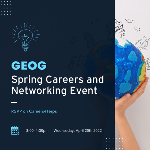 Dark blue flyer for GEOG Spring Careers and Networking Event